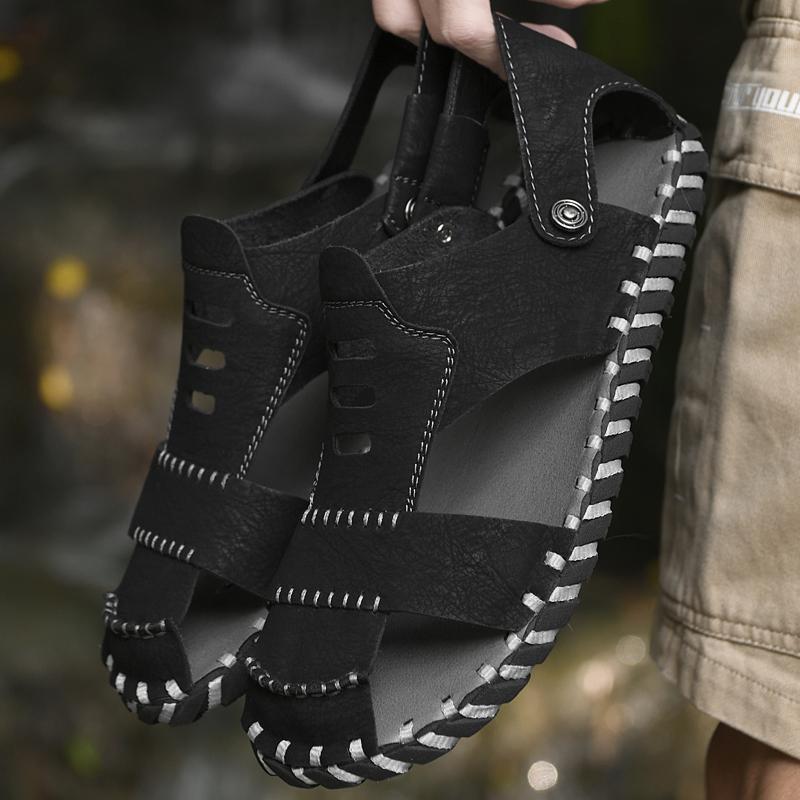 

Мужская обувь для отдыха на природе, кожаные сандалии, мужские повседневные пляжные сандалии для отдыха на открытом воздухе, нескользящие, удобные, модные, удобные домашние тапочки 46 чёрный