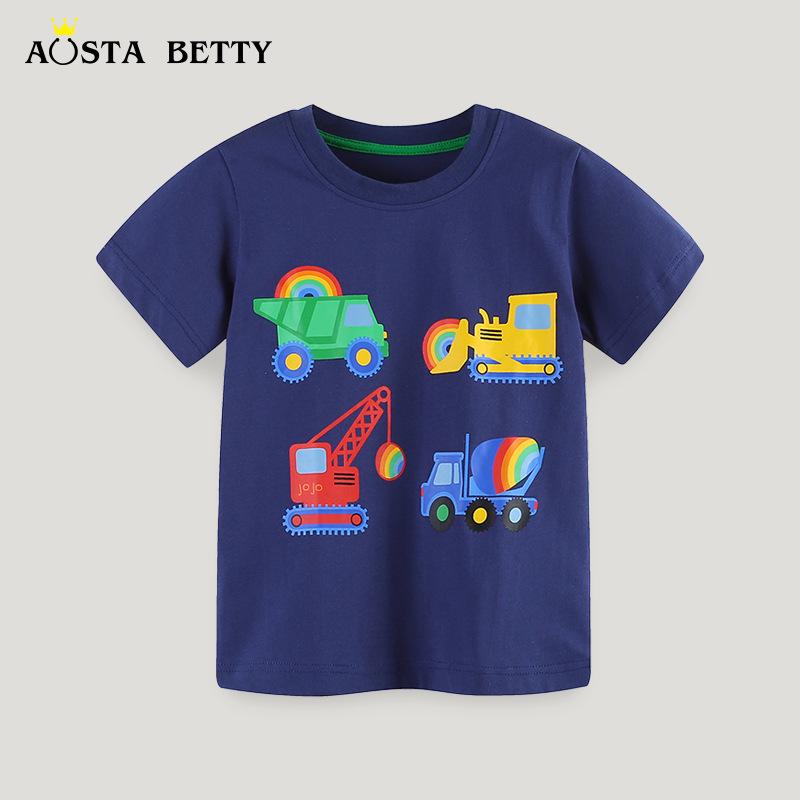 2024 Summer Boys' Construction Vehicle Print T-shirt - European & American Style Toddler Short Sleeve