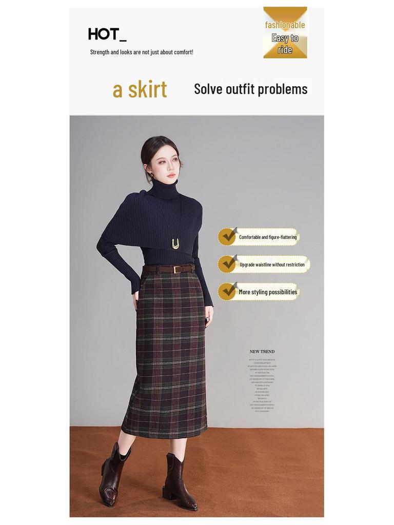 Plaid Wool Blend Split Pencil Skirt - 2025 Winter Mid-Length Vintage Style