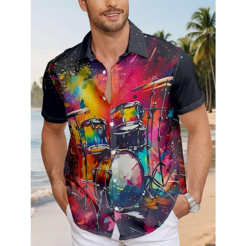 

Men S Casual Short-Sleeve Shirt Featuring a Vibrant Ink Splatter Design with a Drum Set That Ignites The Spirit of Rock And Roll XL