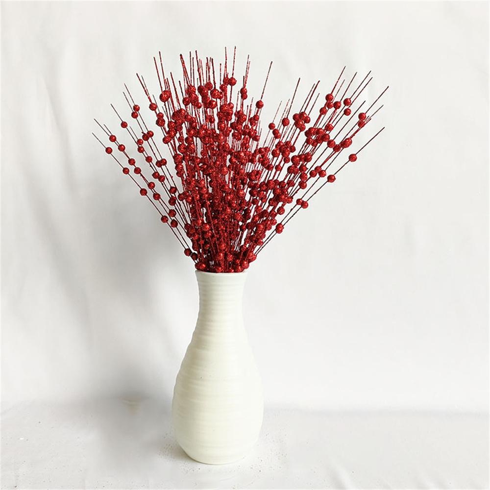 1pc 12 Forks Glitter Berry Leave Christmas Tree Decoration Dried Branch Coral Golden Powder Flower Material New Year Party Decor