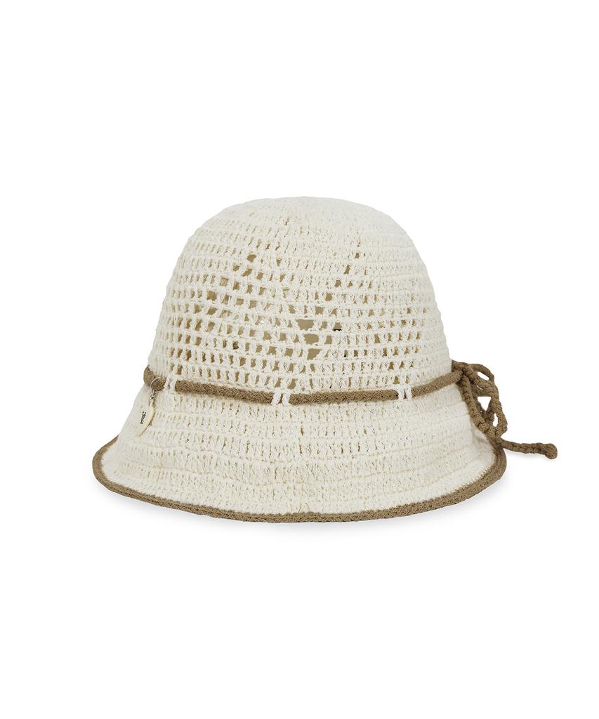 Bajal Heart Chain Crochet Ribbon Bucket Hat Beige