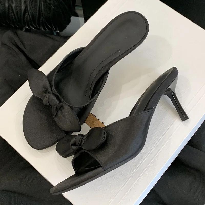 Fashion Luxury Satin Butterfly-knot Women Slippers Sexy Peep Toe Thin Heels Sandals Summer Comfort Slide Sandals Elegant Designer Shoes