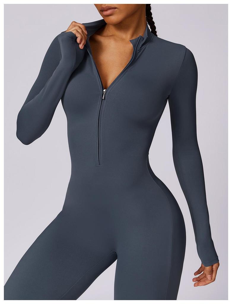 European & American Long Sleeve Zipper Bodysuit - Hip-Lifting Fitness & Yoga Pants for Women In Black