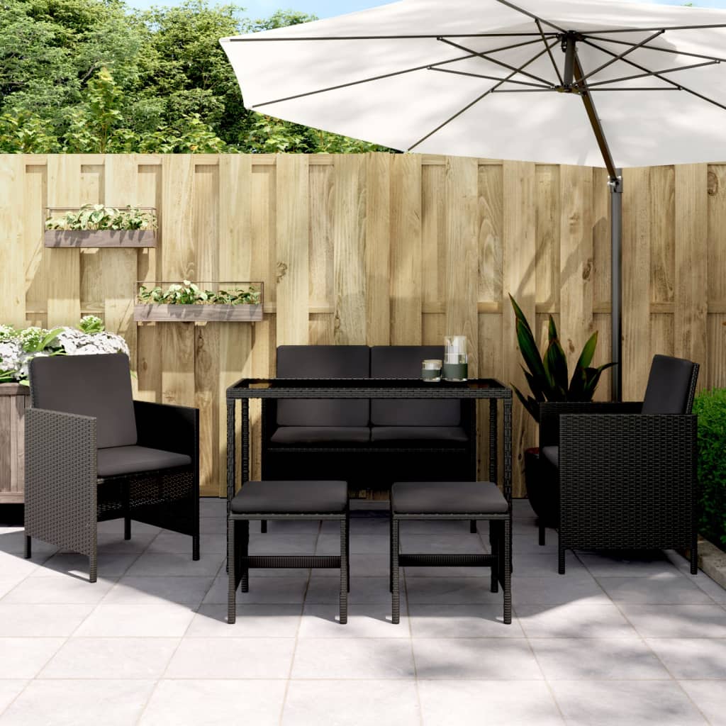 6 Piece Outdoor Dining Set with Cushions Black Poly Rattan