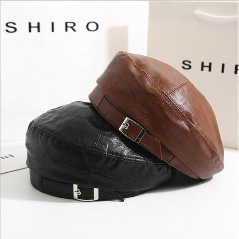 Beret Female  Pu Leather Ins British Retro Wild Painter Hat Temperament Leather Hat