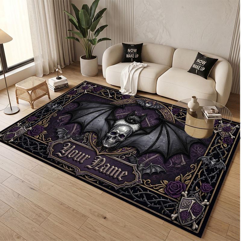 Skull Gothic Theme Soft Crystal Velvet Rug Custom Name & Text Print Non Slip Floor Rug for Bedroom Living Room