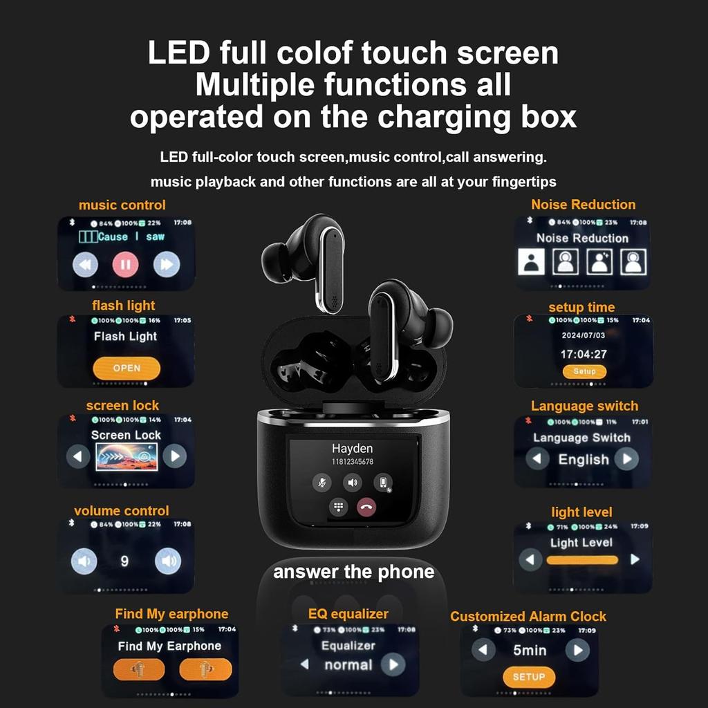 Smart Touchscreen Wireless Bluetooth 5.3 Headset, Super Smart Noise Canceling Earbuds, in-Ear Earbuds with Ear Caps, IPX56 Water Resistant, for