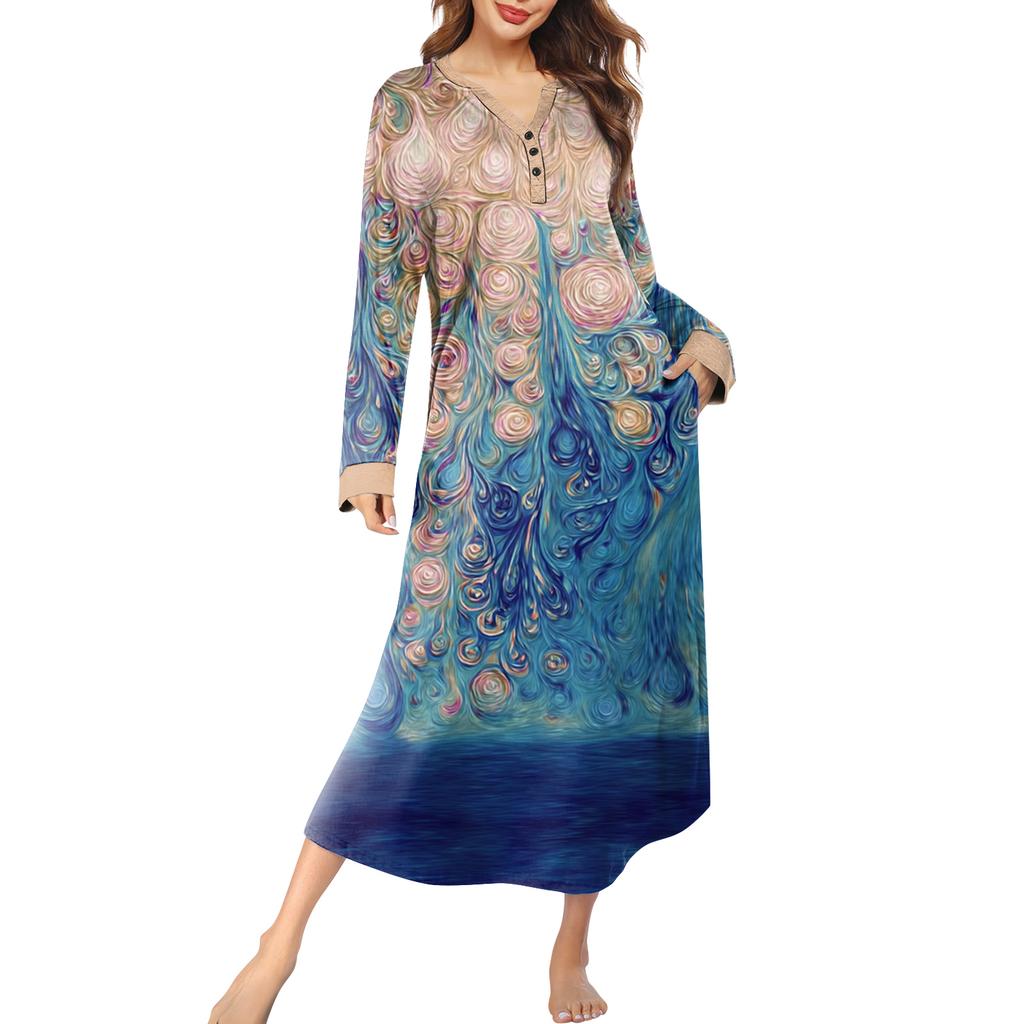 Damska koszula nocna długa odzież wypoczynkowa dekolt V sukienka nocna z kieszeniami