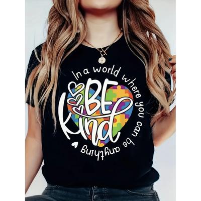 BE KIND Graphic Print Womens T-Shirt - Casual Crew Neck Short Sleeve Top - Lightweight & Breathable Polyester Blend for Spring