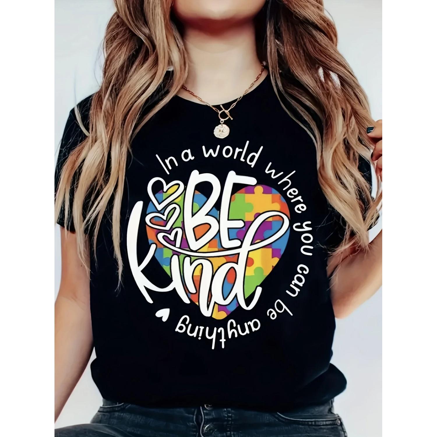 Женская футболка с графическим принтом BE KIND - Повседневный топ с круглым вырезом и коротким рукавом - Легкая и дышащая смесь полиэстера для весны S