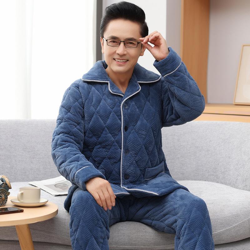 Winter Coral Fleece Men's Pajamas Three-layer Thick Quilted Middle-aged and Elderly Grandpa Flannel Home Service Padded Jacket Suit
