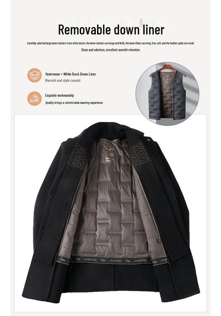 Men's Luxury Double-Faced Cashmere Coat with Down Liner - Warm Winter Wool Outerwear for Business and Middle-Aged Styles