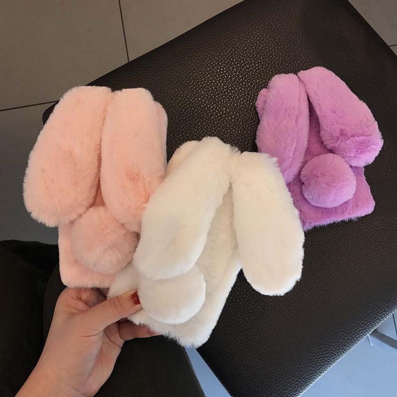 Plush Rabbit Hair Ball Round Tail Ears Lovely Cute Shockproof Phone Case for Apple Iphone 16 15 14 13 12 11 Pro Max X XR XS Max 6 6s 7 8 Plus Cover