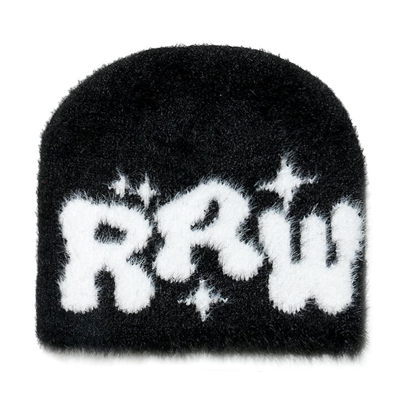 

New plush letter beanie hat imitation mink hair beanie warm knitted hat women s winter M（56-58cm） чёрный