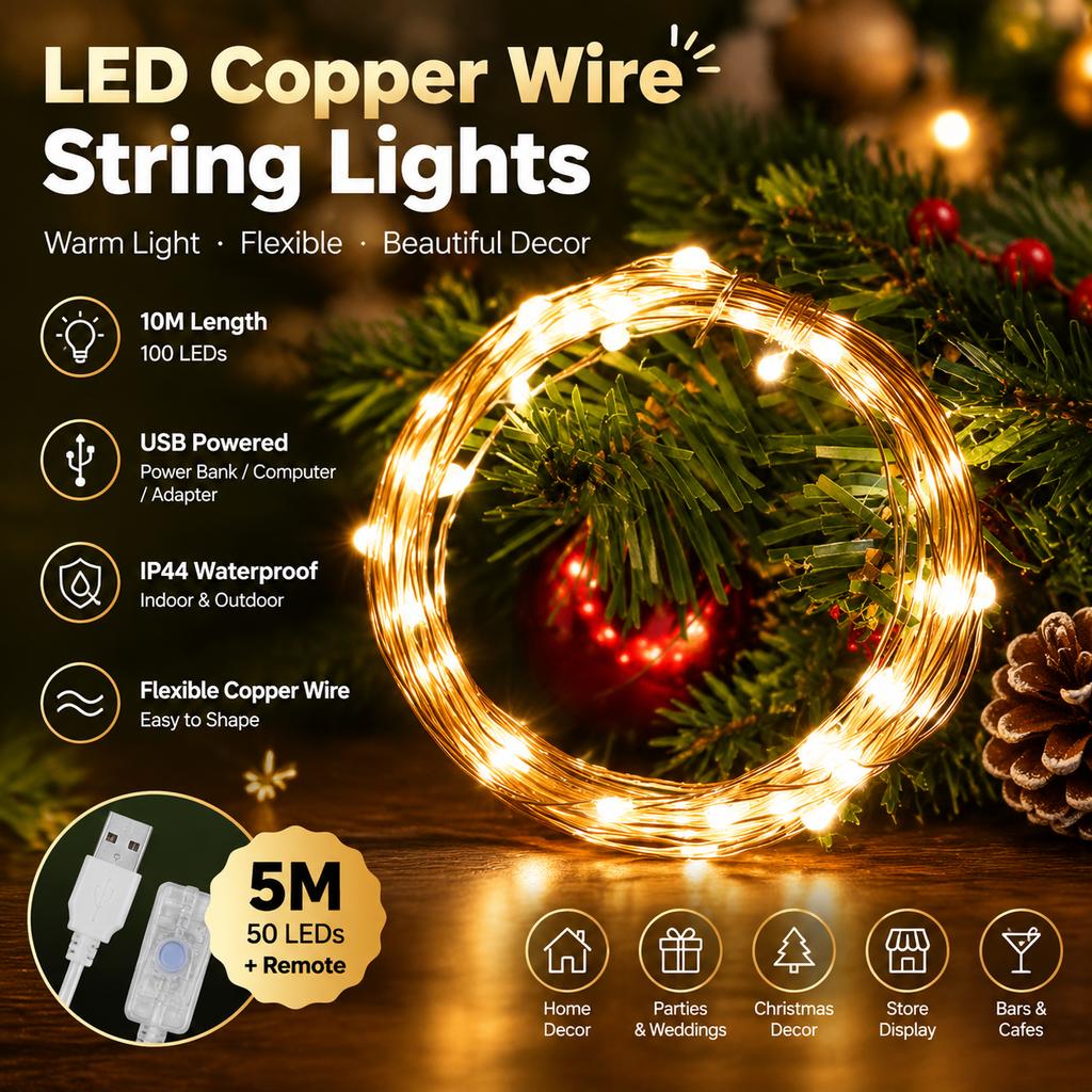 LED Copper Wire String Lights, 10m 100 LEDs, USB Powered, IP44 Waterproof