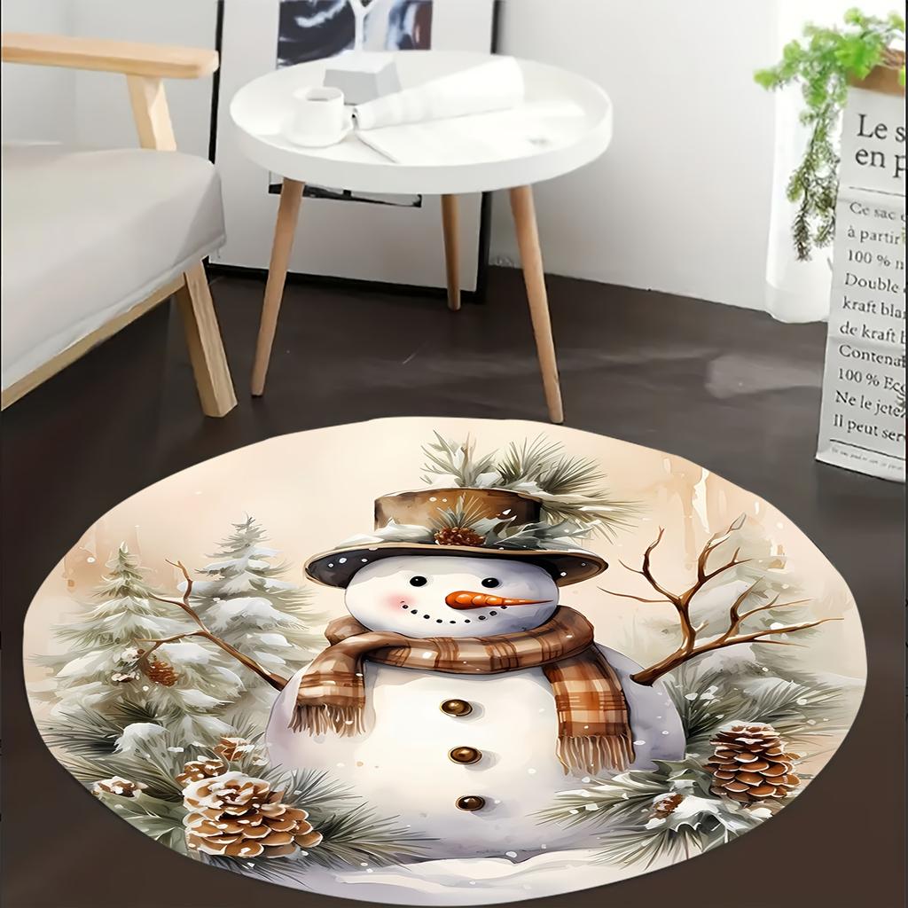1Pcs Christmas Snowman Pattern Round Area Rug Indoor Non-Slip Washable Fiber Carpet Soft Comfortable Mat For Bedroom Living Room