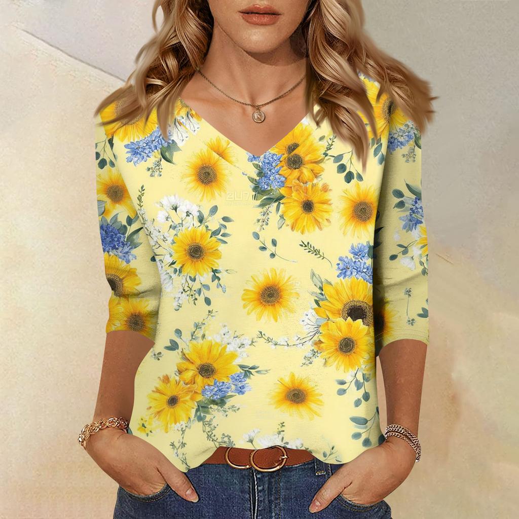 Women's Fashionable Casual V-Neck Three-Quarter Sleeve Printed T-Shirt Top