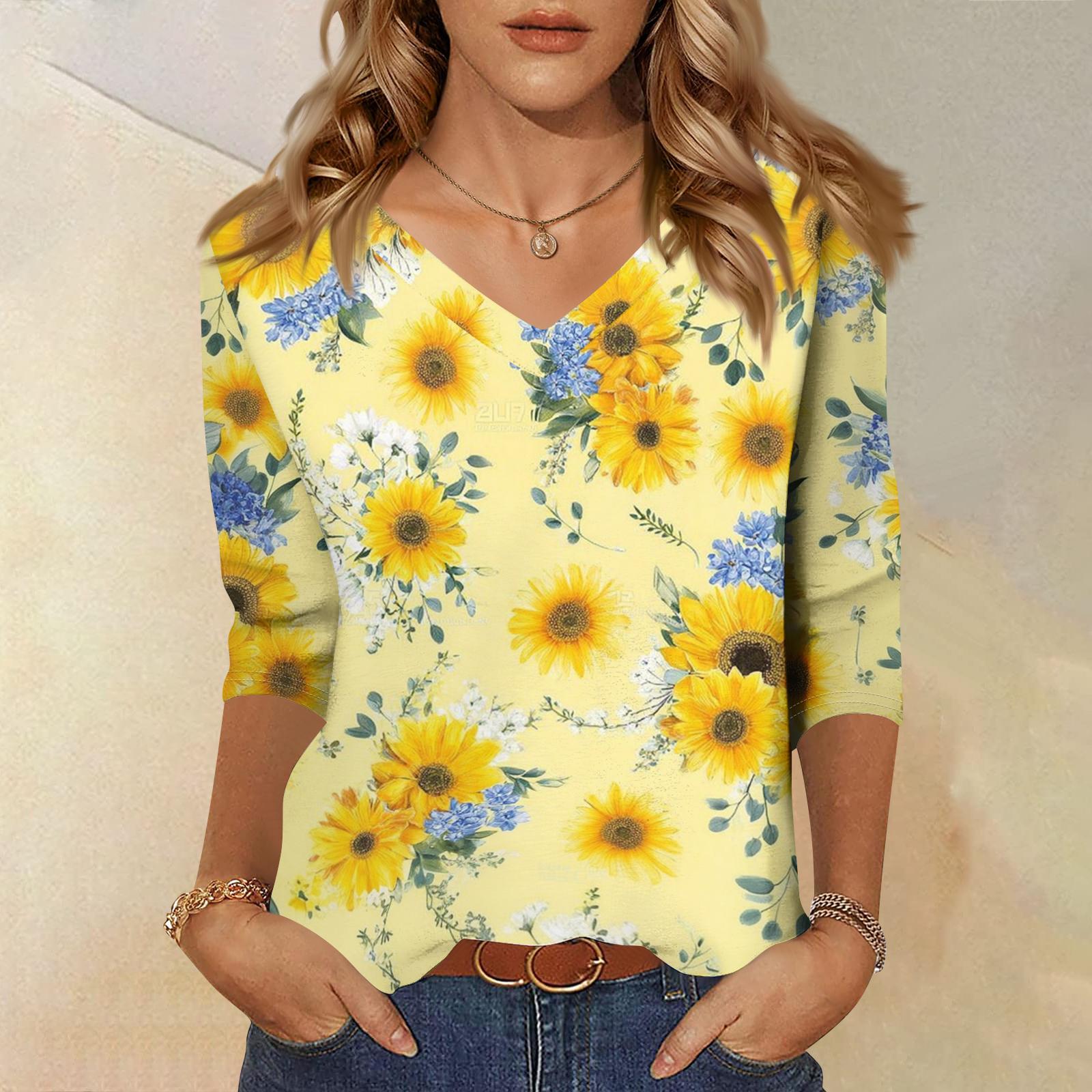 

Women s Fashionable Casual V-Neck Three-Quarter Sleeve Printed T-Shirt Top XL