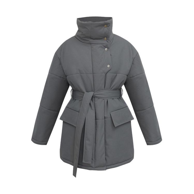 Autumn Winter Women Stand Collar Cotton Coat Medium Long Belted Jacket with Irregular Button Design Temperament