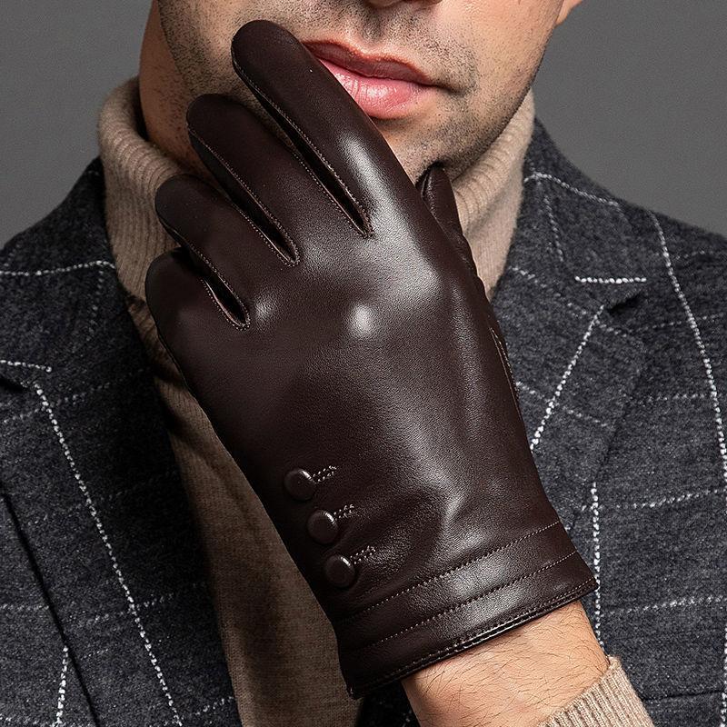 Leather Gloves Men'S Autumn And Winter Fleece Thickened Warm Driving Riding Touch Screen Business First Layer Sheepskin Gloves Windproof