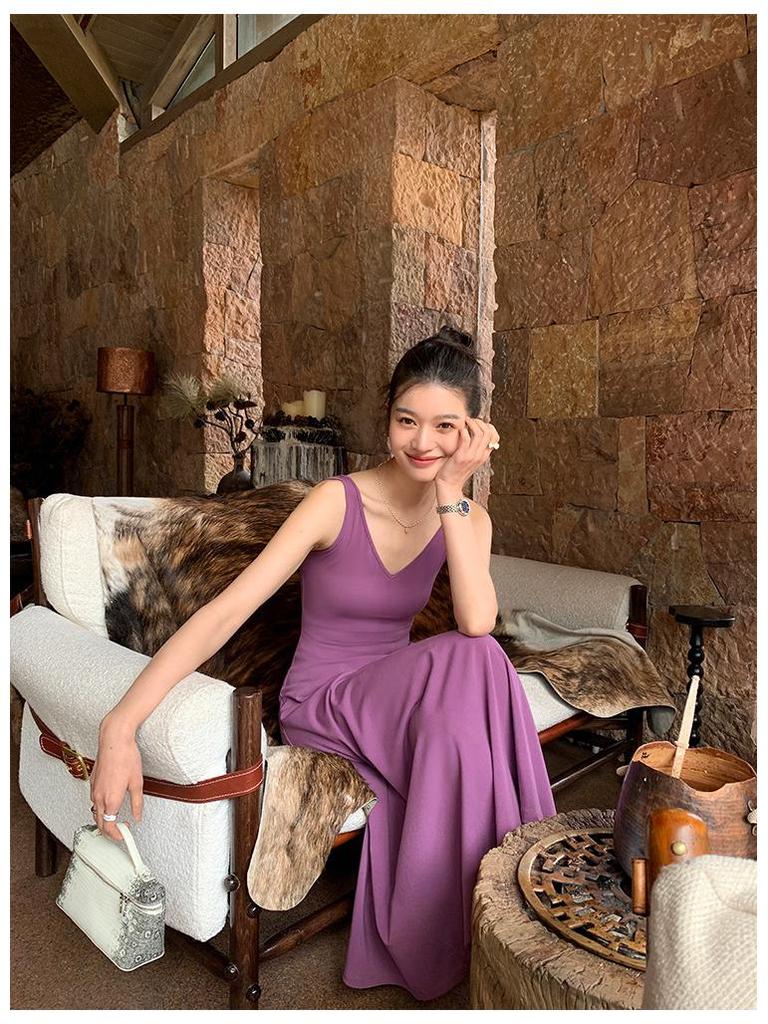 Dopamine Purple V-Neck Ice Silk Knitted Sleeveless Tank Dress for Women - Summer Vacation Style