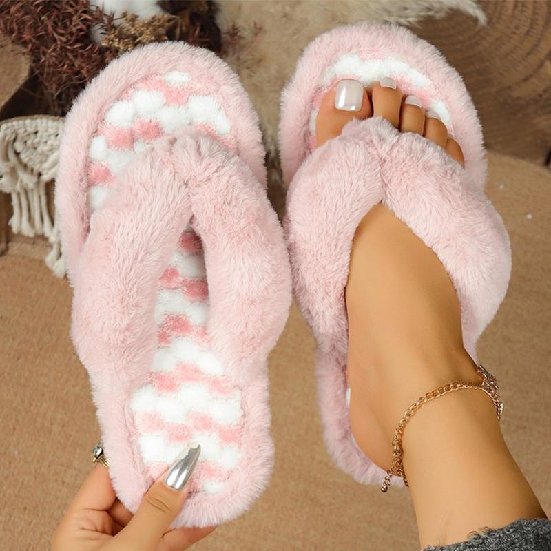 

Fashion Fashion Mix Color Fur Flip Flops Women Indoor Light Warm Home Slippers Woman 2025 Faux Fur Flat Heel Cotton Slippes Mujer 42-43