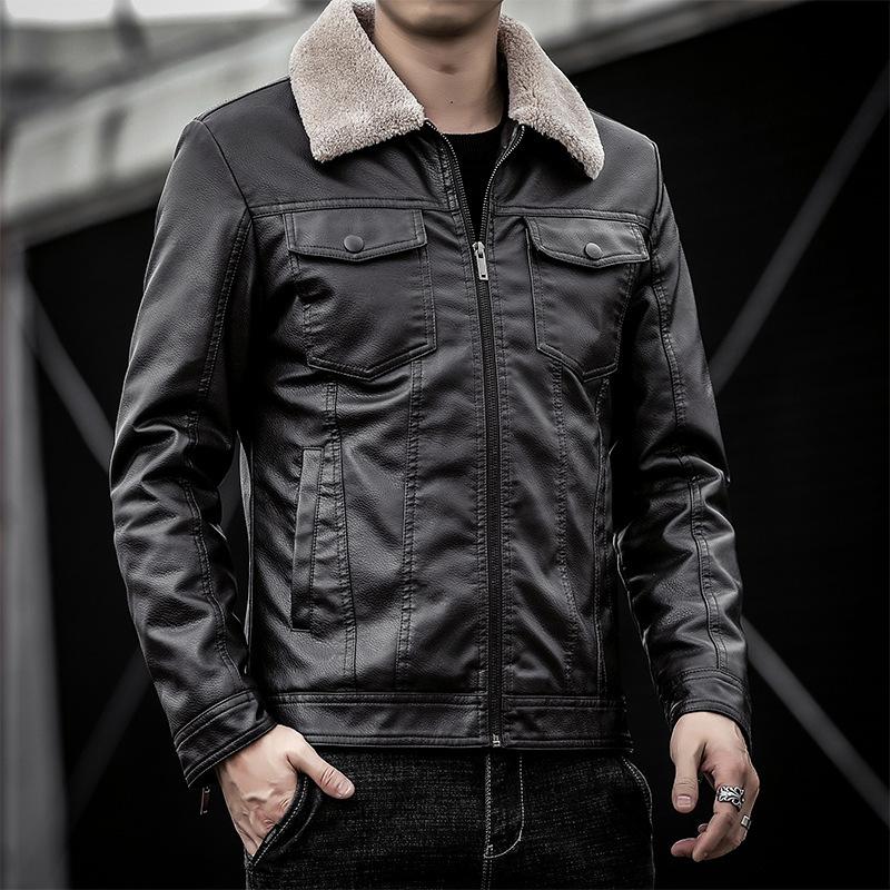 New leather jacket men's fur integrated pu leather jacket locomotive lapel men's fleece thickened leather jacket slim fit