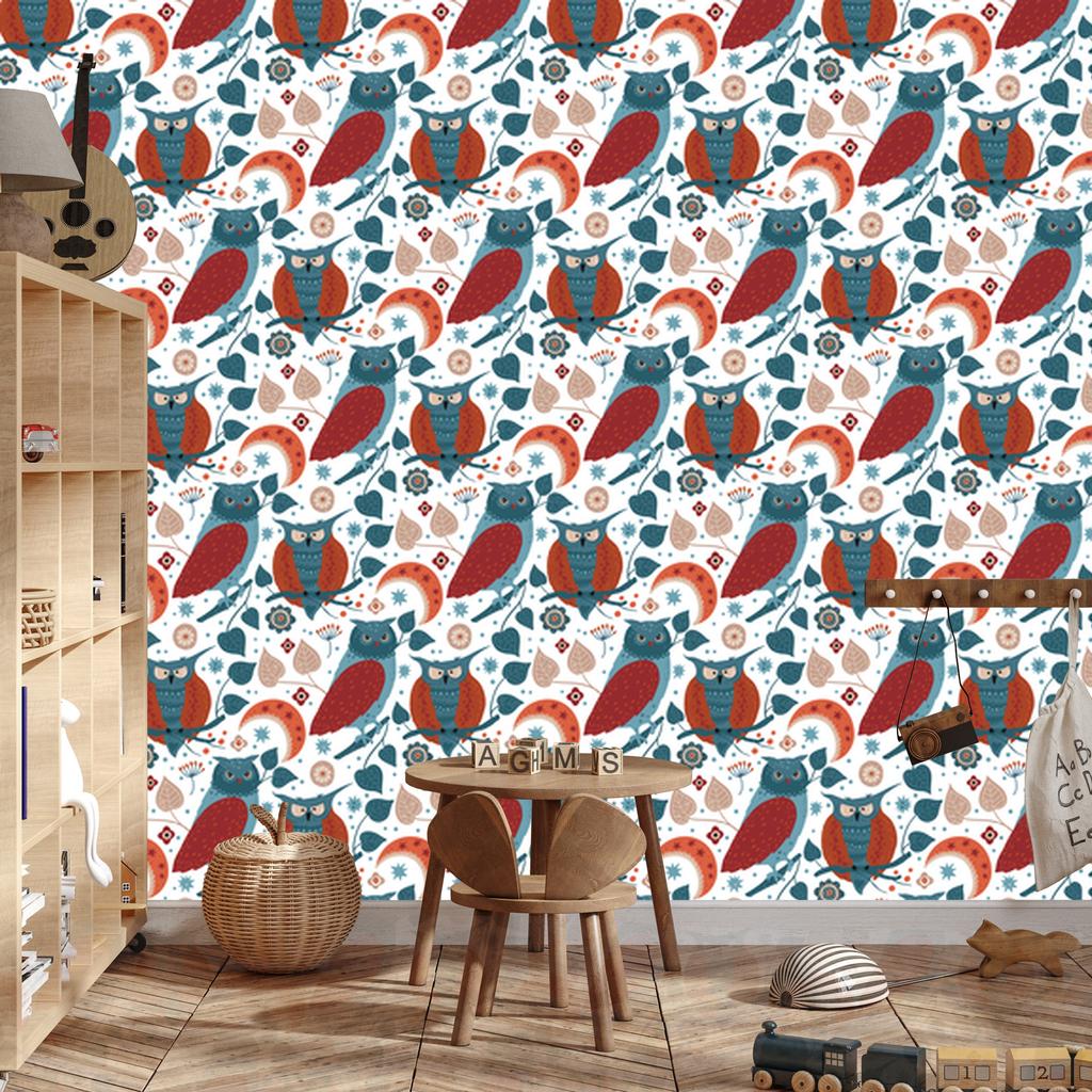 Forest Animals and Nature Wallpaper White, Turquoise and Red 50x1000
