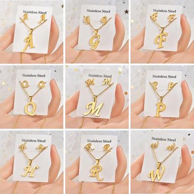 Titanium Steel Jewelry Set: Non-Fading English Letter Necklace & Earrings