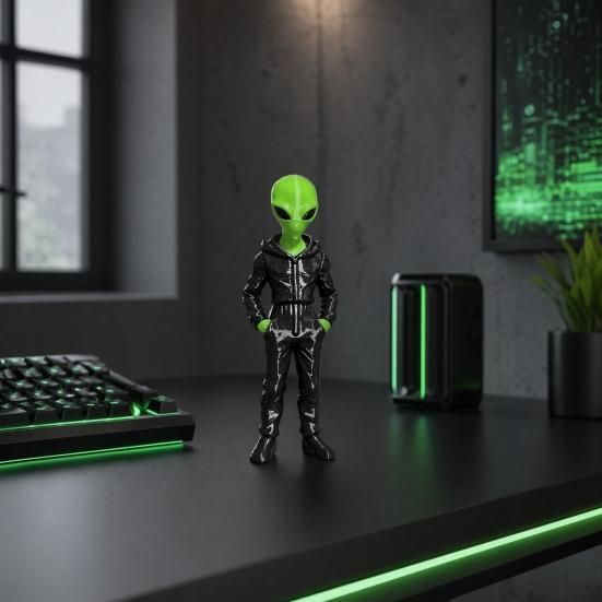 Yousheng Alien Wearing Hoodie Statue, 3D Printed Green Alien Figurine, Collectible Alien Sculpture, Sci-Fi Desktop Decoration Gift for Alien Lovers