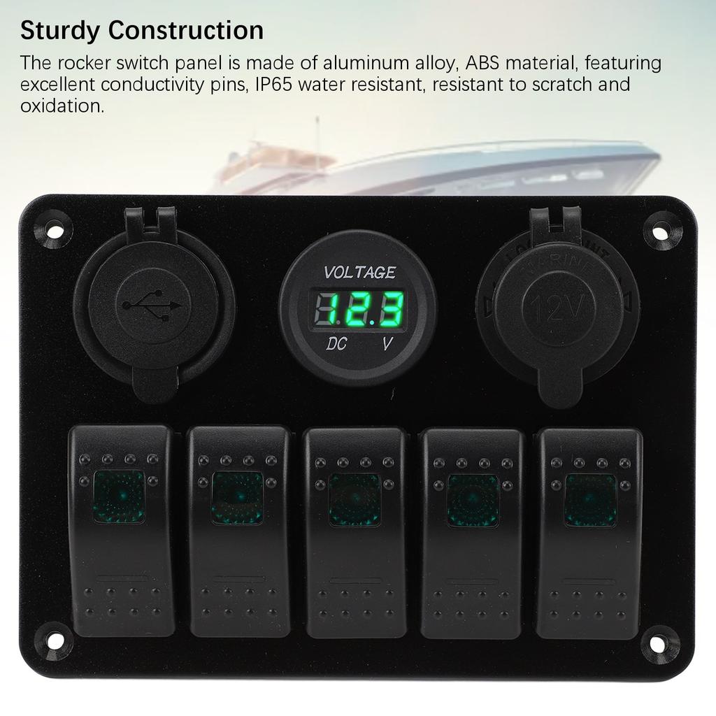 Switch Panel DC 12 to 24V 5 Gang Aluminum Alloy IP65 Water Resistant Prewired Rocker Switch Panel with Dual USB Cigar