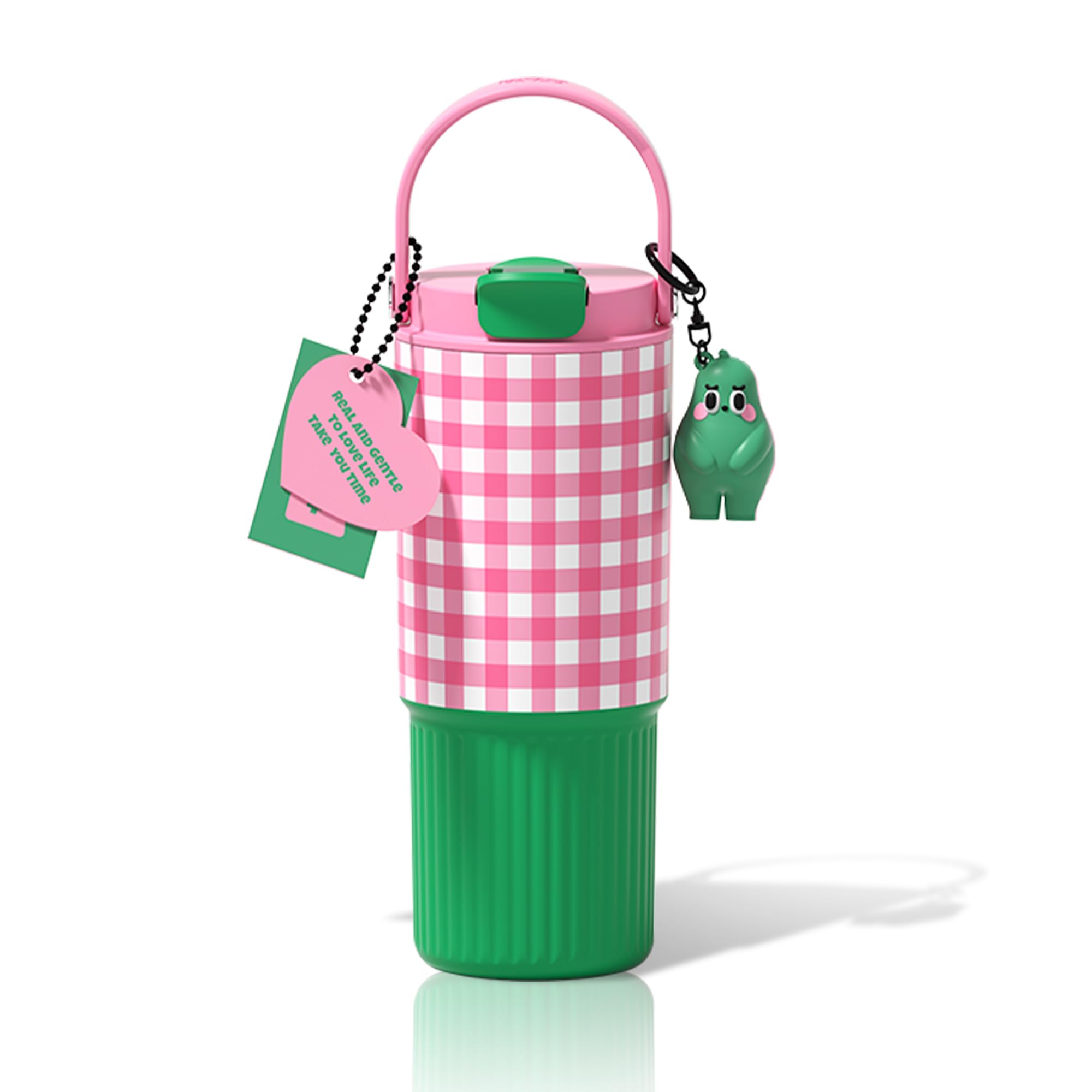 

Sidagar 750ml Stainless Steel Reusable Insulated Water Bottle with Strap, Portable Travel Coffee Cup, Grid Pink