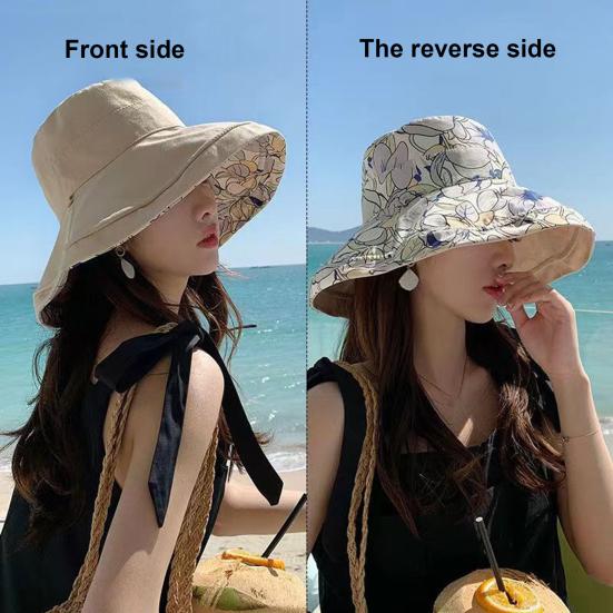 Bucket Hat Reversible Double-Sided Wearable Fisherman Hat with Large Brim Built-In Soft Steel Wire Adjustable Windproof Rope Sun Blocking Hat