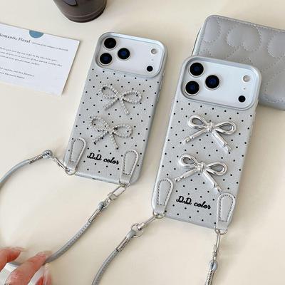 Capa Estilo Coreano com Bolinhas e Laço para iPhone 17 Pro Max com Alça de Mão, Compatível com 15/16, Capa Protetora 14