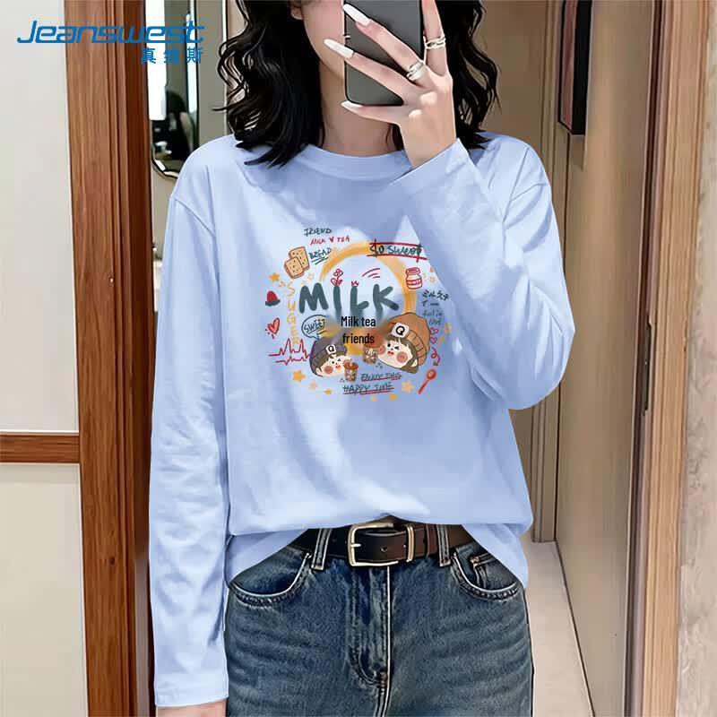 Jeanswest Women's "Romance of Milk Tea" Print Long Sleeve Pure Cotton T-Shirt