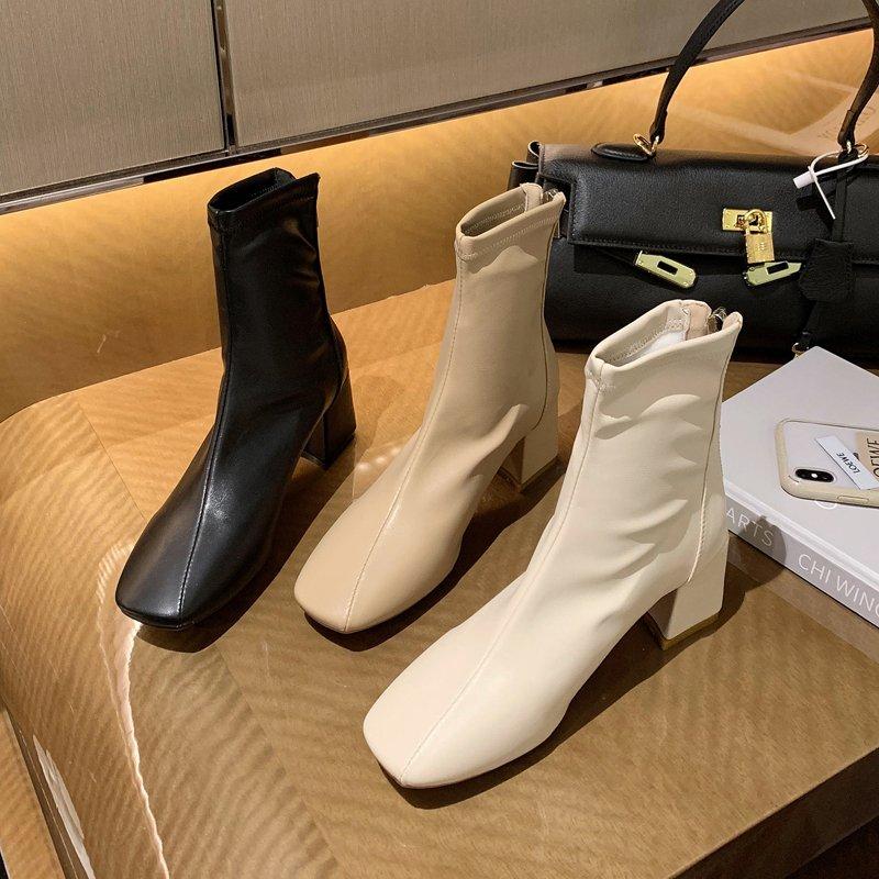 Stylish Square Heel Single Boots Women's Square Toe Rear Zip Anti-Slip Wear-Resistant Block Heel Short Boots