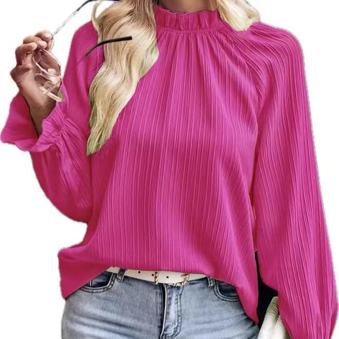 2024 Spring/Summer Women's Solid Color Commuter Loose Long Sleeve Shirt with Ruffled Collar
