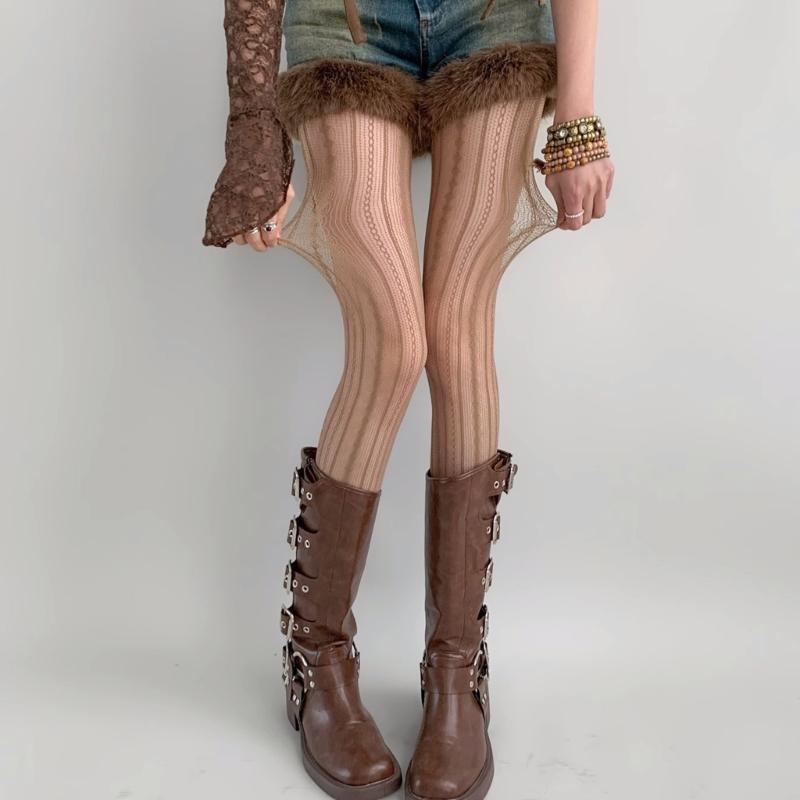 Women Sexy Hollowed Lace Solid Pantyhose Stockings Vintage Rhombus Striped Geometric Jacquard Fishnet Tights Leggings