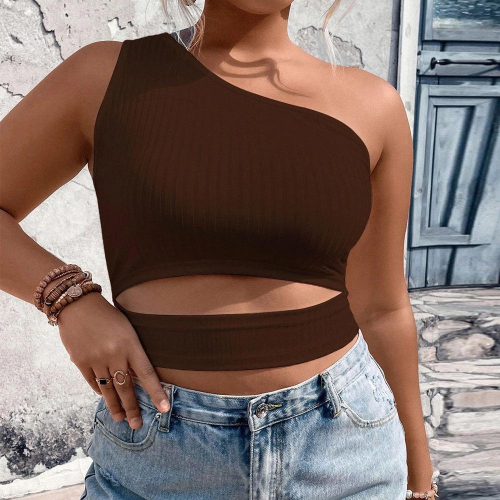 European and American Large-size Women's Clothing New Ins Fashion Versatile Slanted Shoulder Short Knitted Vest Navel Top