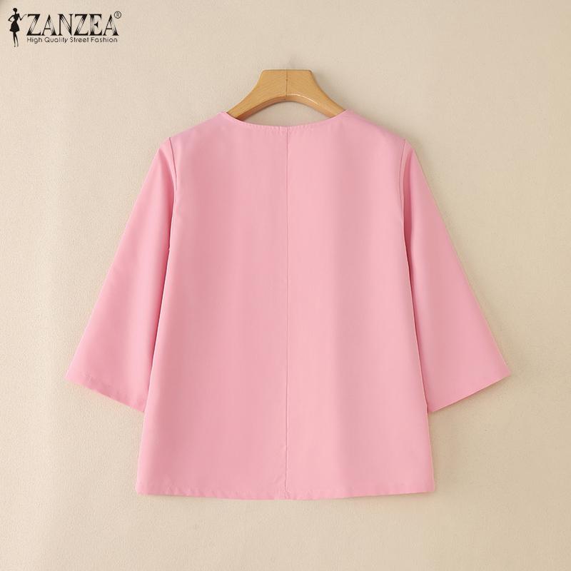 ZANZEA Women Casual V-Neck Solid Color 3/4 Sleeve Blouse