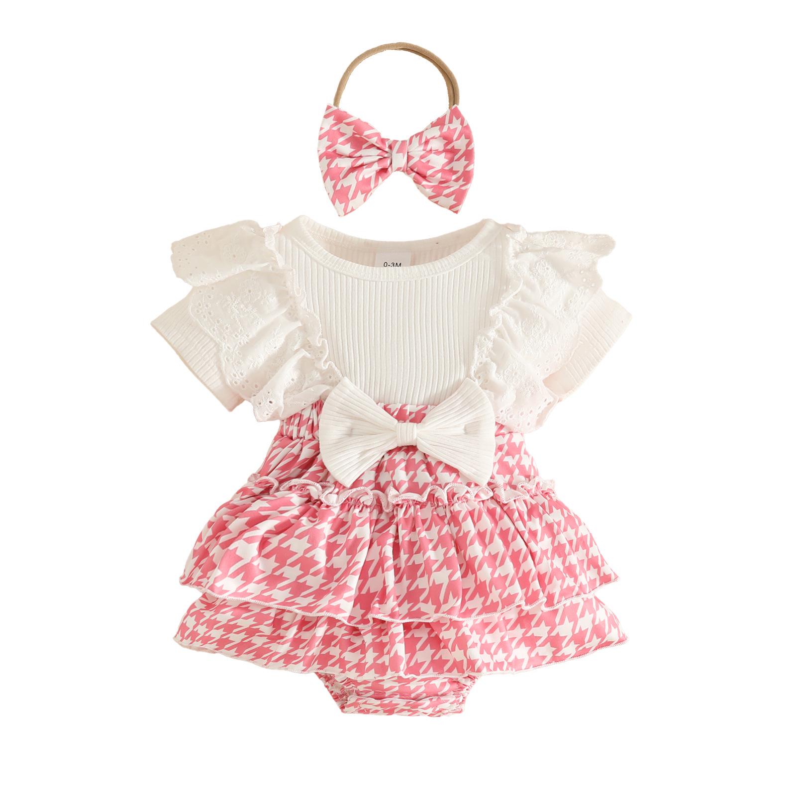Summer Baby Girl Houndstooth Lace Romper & Headband Set 6-9 Months розовый