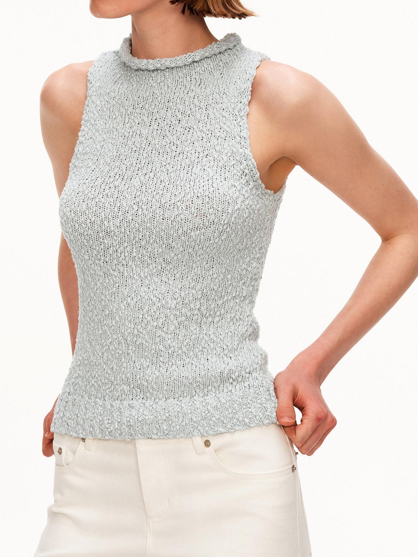 

Women s Slim Fit Retro Chunky Knit Sleeveless Vest with Textured High Neck and Rolled Hem Medium небо синє кольору