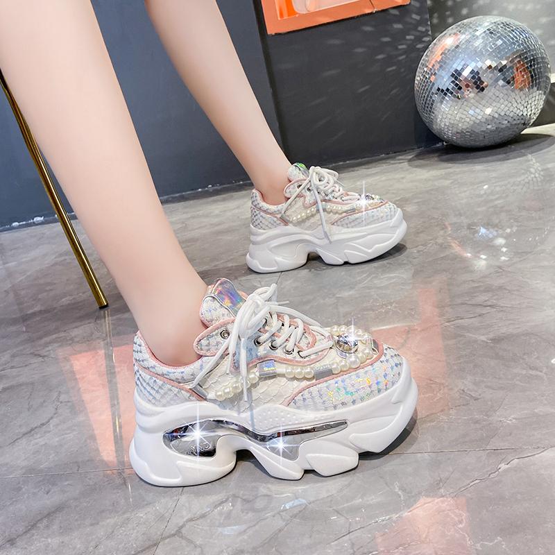 Fashion 8CM Snake Print Chunky Sneakers Women 2024 Thick Bottom Platform Ladies Sports Shoes New Autumn Pearl Rhinestone Dad Shoes Woman