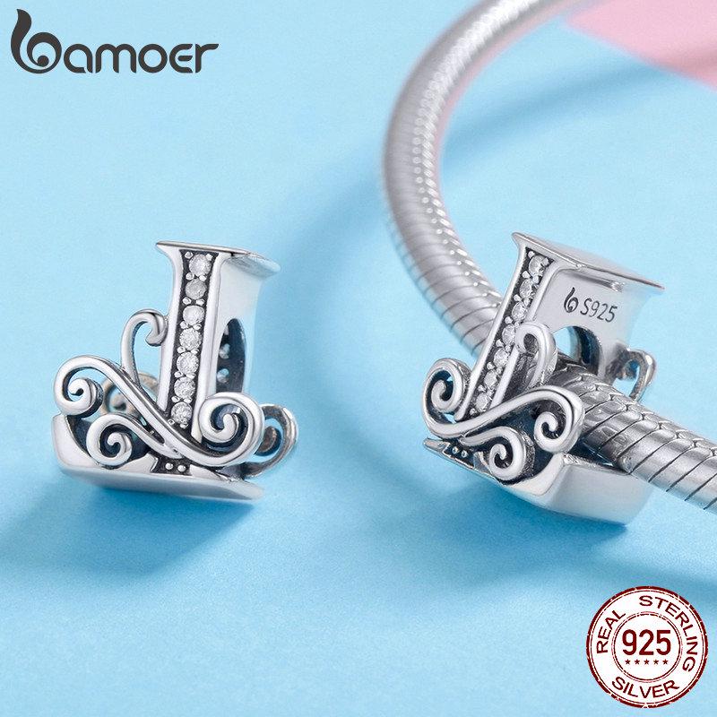 BAMOER echte 925 Sterling Silber Buchstabe L Alphabet Perlen Charms passend für Charm-Armbänder und Armreifen zum Selbermachen