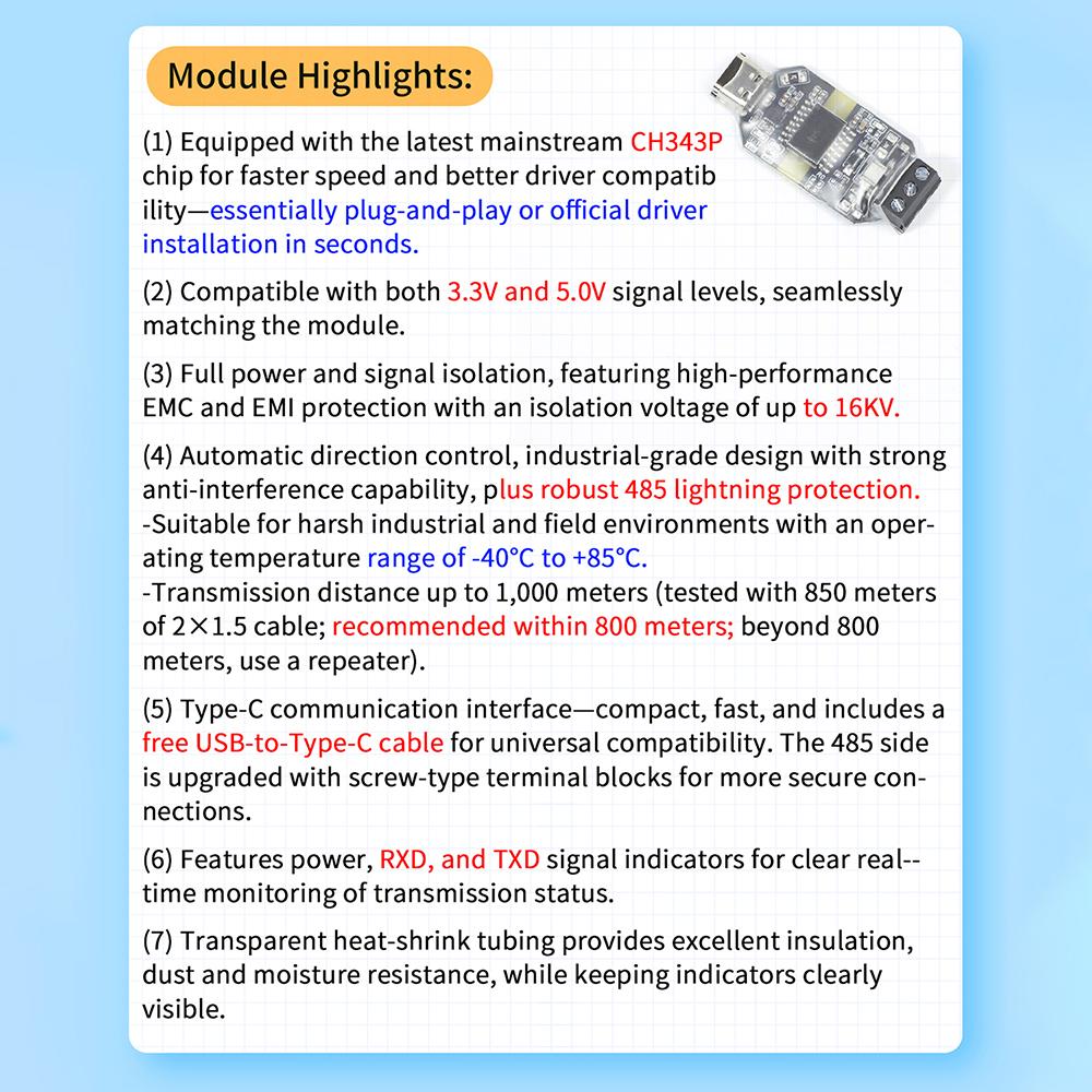 CH343P module 6Mbps USB to RS485 Isolated Converter Industrial Grade Type-C Interface 16KV Isolation Dustproof USB to TTL serial
