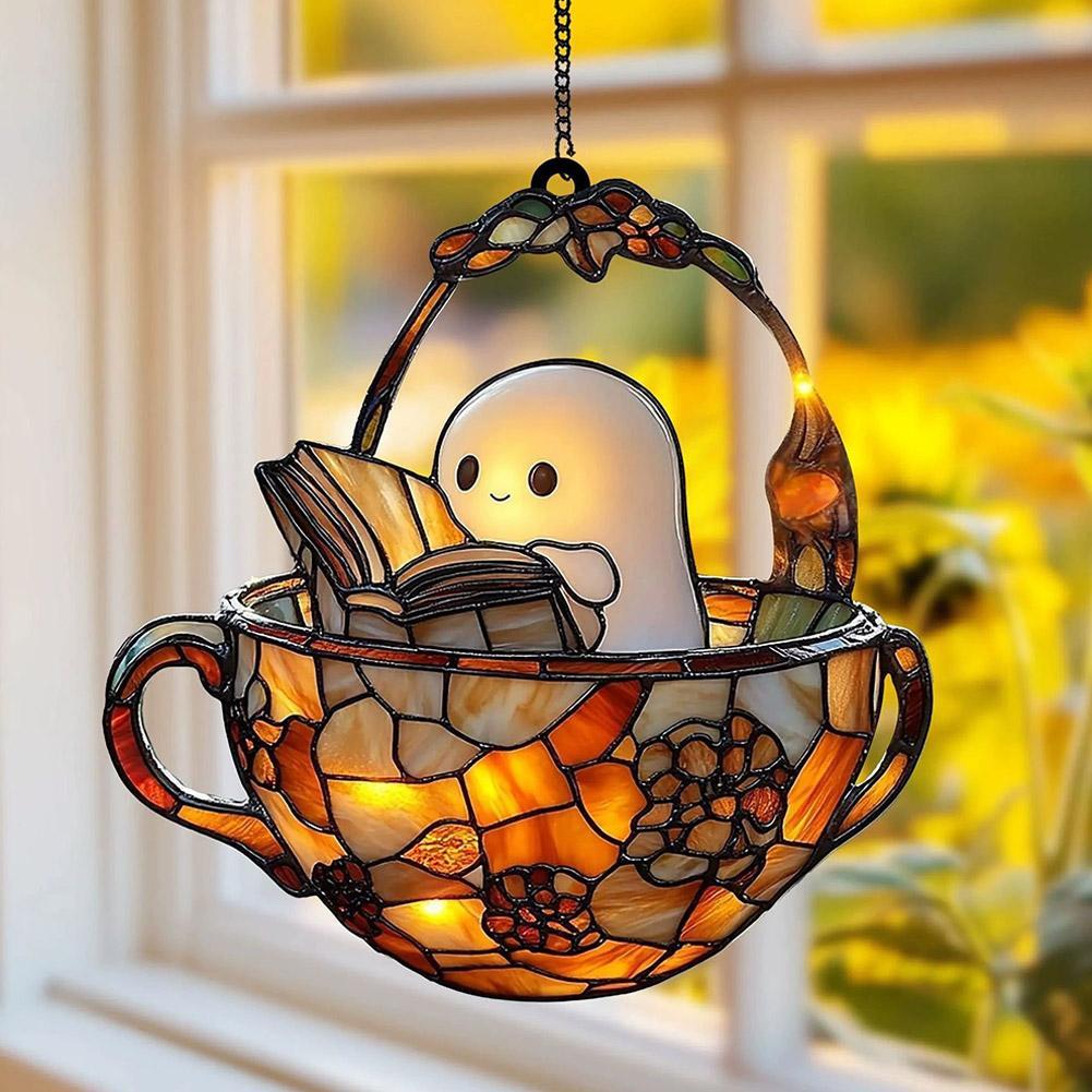 Cute Ghost Reading Book In Bathroom Suncatcher, Ghost In Bathtub Halloween Acrylic Spooky Ornaments Window Hanging Suncatchers