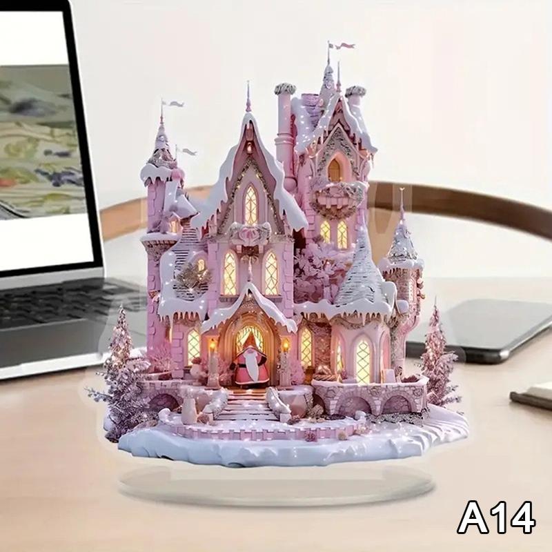 2D Flache Acryl Weihnachts-Tischdeko Anhänger mit Sockel Schneemann Haus Karussell-Design drehbar Innen/Außen Heim Büro Dekoration