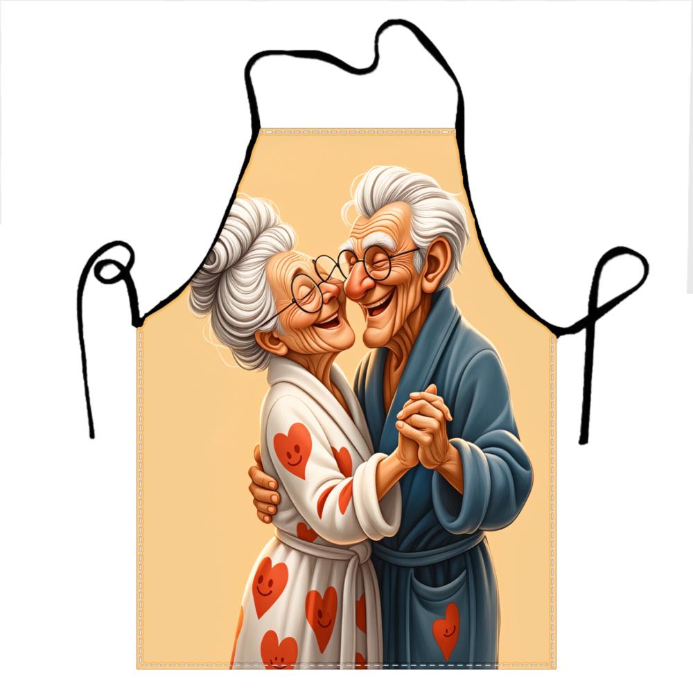 Cute Elderly Couple Apron With Hearts Design For Kitchen Cooking And Baking Fun