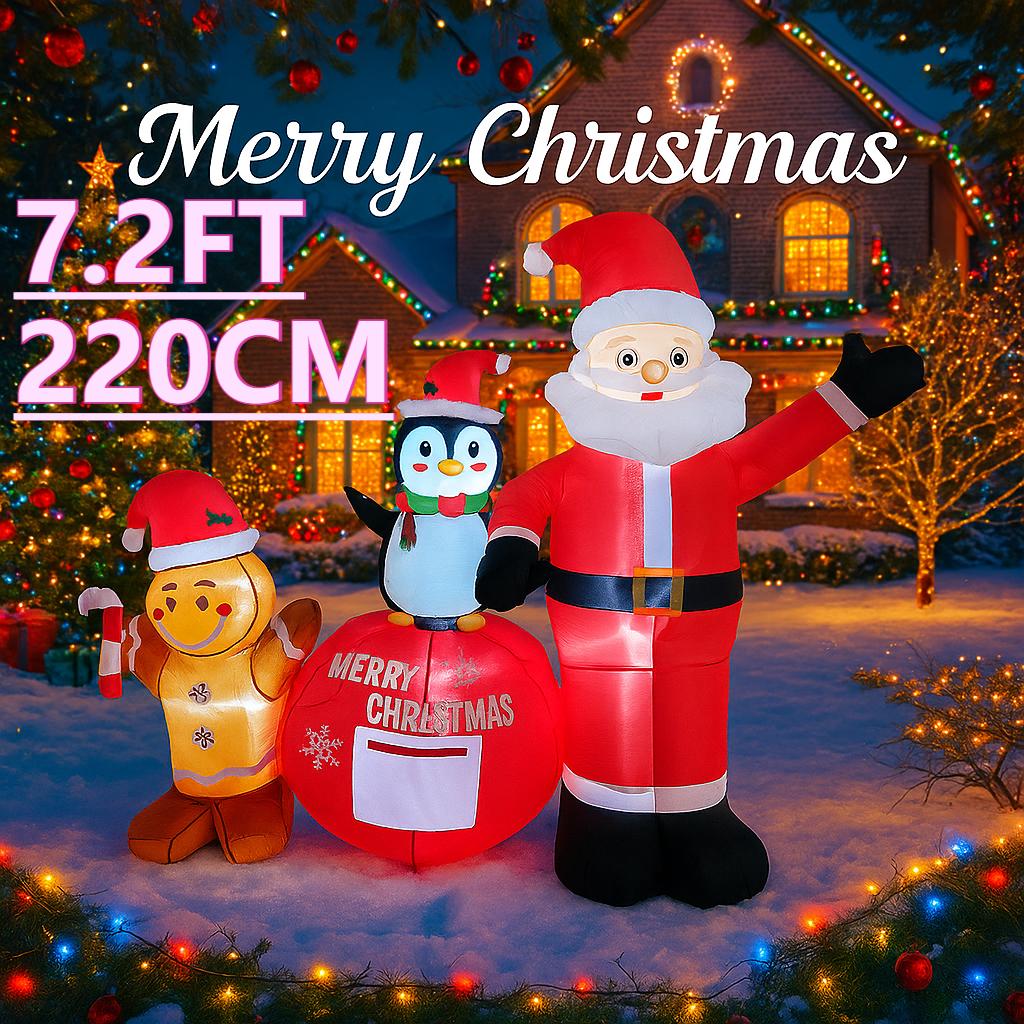 7.2FT LED Inflatable Xmas Yard Decor Santa Penguin Gingerbread Man Set Christma Home Decoration Ornament Toy Gifts Holiday Decor